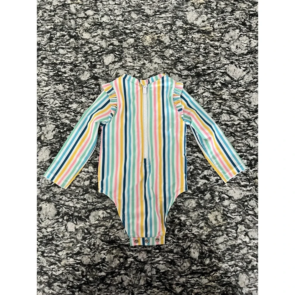 Old Navy Striped Ruffle Trim Rashguard One Piece Swimsuit Girls 6-12M Multicolor